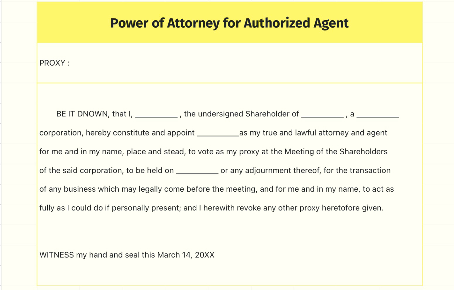 Power of Attorney for Authorized Agent